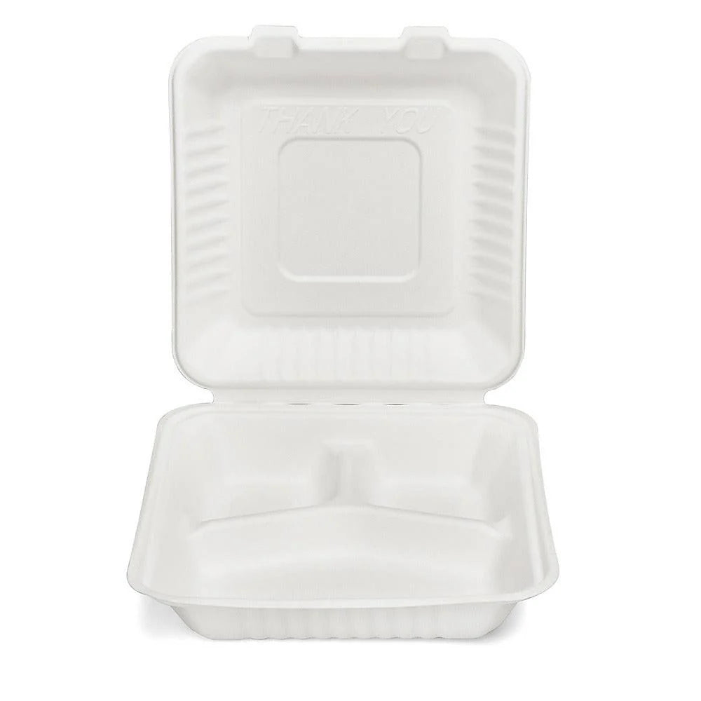 100x Menubox 3-vaks Groot 1300 ML suikerriet BIO Bagasse (Menu box 9 inch sugarcane) 231mm X 231mm X 79mm