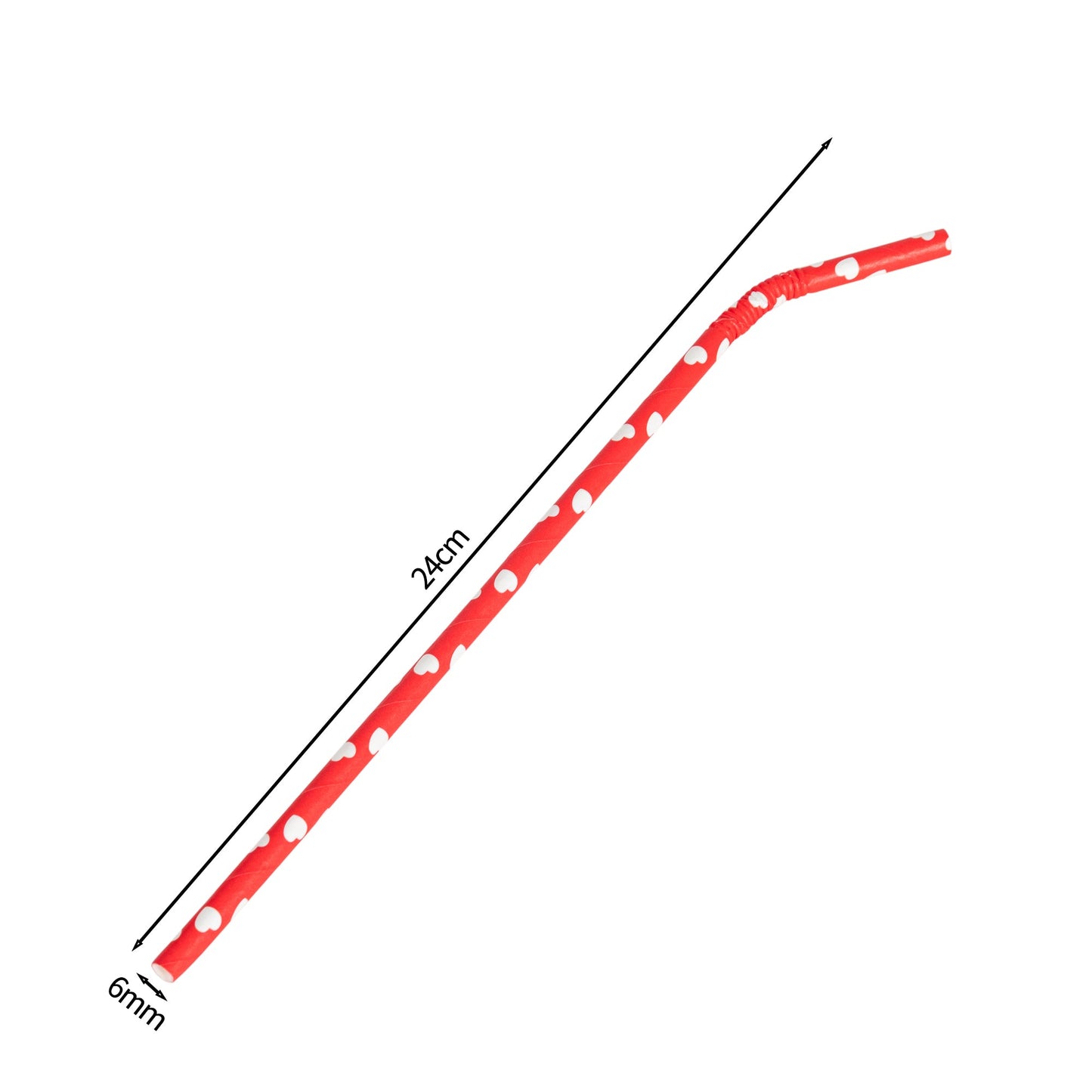 100x BIO Papieren buigrietjes 6mm x 240mm Hartjes wit-rood