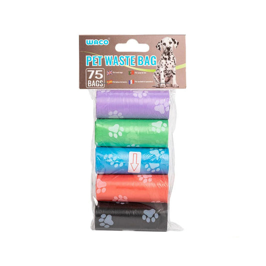 75x Pet Waste Bags – 30 x 22 cm – ca. 2,5 liter – HDPE – 5 Kleuren (Zwart, Rood, Blauw, Groen, Paars)