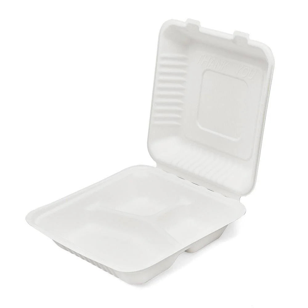 100x Menubox 3-vaks Groot 1300 ML suikerriet BIO Bagasse (Menu box 9 inch sugarcane) 231mm X 231mm X 79mm