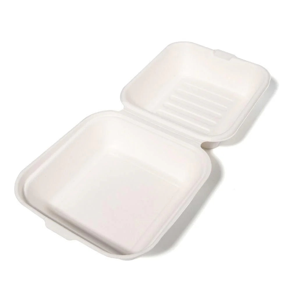 500x Hamburgerbakje Groot suikerriet BIO Plasticvrij  Bagasse (Hamburger box 6 inch) 152mm x 152mm x 76 mm