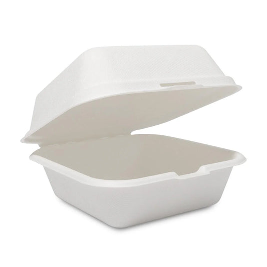 500x Hamburgerbakje Groot suikerriet BIO Plasticvrij  Bagasse (Hamburger box 6 inch) 152mm x 152mm x 76 mm