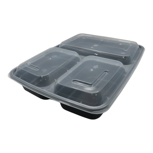 150x Maaltijdbak PP 1150ml (39 OZ) 3 vak zwart inclusief Deksel !